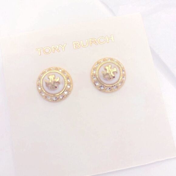 NWOT Tory Burch Gold Logo, Pearl Round Zircon Accent Stud Earrings - Picture 6 of 8